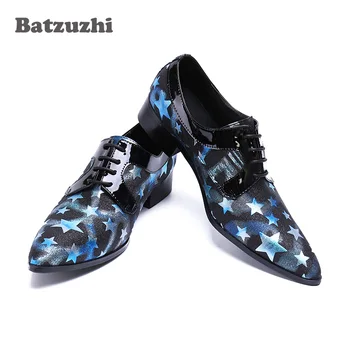 Batzuzhi/męskie moda buty z ostrym czubkiem; kolor czarny; niebieskie buty męskie ze skóry naturalnej z gwiazdami sznurowane; wieczorowe, biznesowe męskie buty; US6-12
