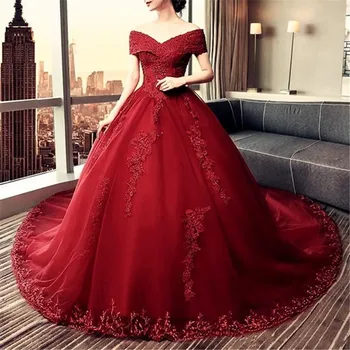 Eleganckie Koronkowe Suknie Ślubne z Królewskiego Pociągu i otwartymi Ramionami, v-neck, krew czerwone Ślubna Suknia, suknie ślubne vestidos de noiva