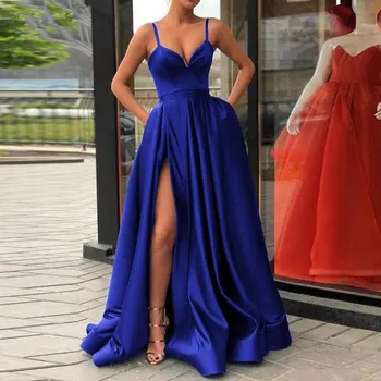Sukienka w formie Trapezu z rozcięciem z boku, sukienka Satyna Royal niebieski na cienkich Ramiączkach, Ładna sukienka Vestidos de Fiesta de Noche Abiye
