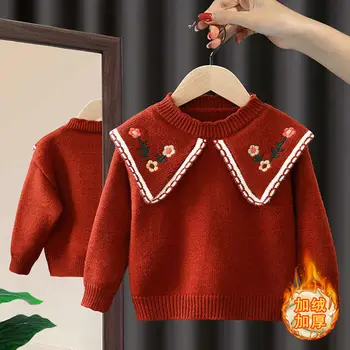 Sweter dla dziewczynki Jesień-zima 2022, Nowy Zagęszczony sweter z polaru Podszewka dla Małych dzieci, Zimowy Czerwony Sweter z Dzianiny z Dołu